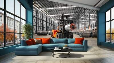 Orange color forklift lifts heavy steel coil inside a warehouse at a seaport-bounded area. Raw material handling and transportation. Wall mural