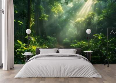 Beautiful morning sun rays in a forest of a mysterious path Wall mural