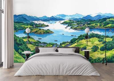 Cartoon illustration - landscape of the mountain with river , mountains and trees. Wall mural