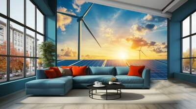 Green energy and solar panels on blue sky background. Wall mural