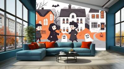 Happy halloween party, children wearing spooky custumes in halloween. Wall mural