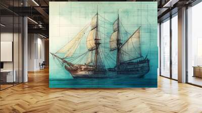 Illustration of a ship in the world Wall mural