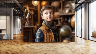 Little schoolboy standing by school window in museum. Wall mural