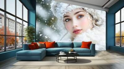 Portrait of a beautiful young woman in a snowy forest Wall mural