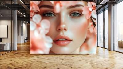 Portrait of beautiful woman with makeup and flowers. Wall mural