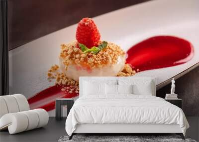 Sweet dessert on a plate with strawberries and cream Wall mural