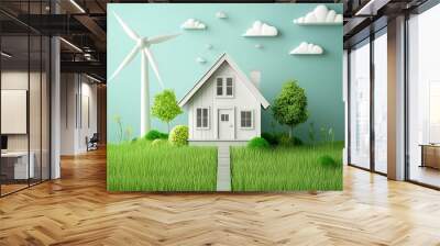 Wind turbines and house on the green field background Wall mural