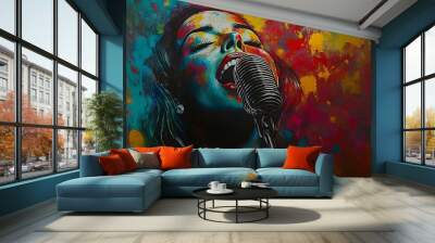 Woman with microphone in studio Wall mural