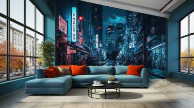 A dark neon city street at night Wall mural