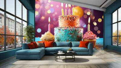 birthday celebration with colorful background and two cakes Wall mural