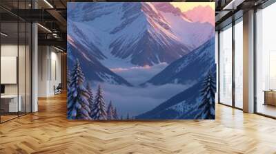  winter landscape in the mountains sunrise, sunset, top of a high mountain, white snow around, peaks in snow, sunny frosty day, blue sky, screensaver, both, card, poster Wall mural