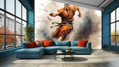 Monk martial artist in fighting pose. Watercolor sketch Wall mural