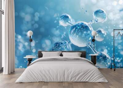 3D rendering of a transparent molecular structure containing carbon and keratin spheres on a blue background. creating depth through light reflections on bubbles and particles.
 Wall mural