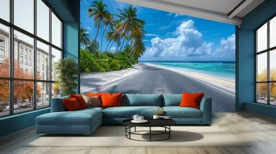 A coastal road with palm trees on the left and white sandy beach to the right, blue sky with clouds in background, Maldives style. Wall mural