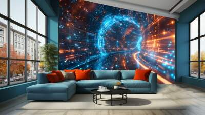 A futuristic digital tunnel of light and data, with glowing blue and orange lines representing fast Tower, creating an abstract background for technologythemed designs.
 Wall mural