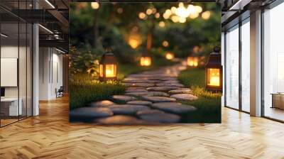 A garden path at night is illuminated by warm lanterns, creating a tranquil outdoor scene amidst lush green lawns and soft bokeh, evoking a magical ambiance perfect for romantic evenings. Wall mural