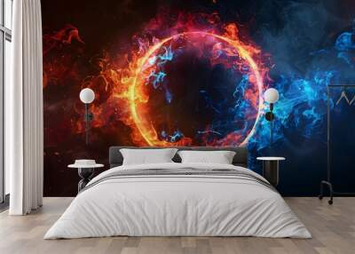 A glowing colorful ring of fire on black background, with the letter O in center, red and blue flames swirling around it, creating an enchanting atmosphere.
 Wall mural