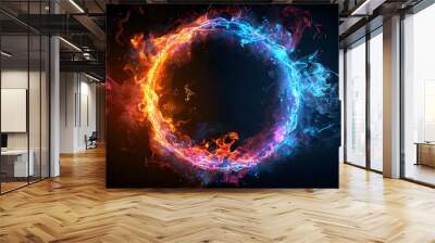 A glowing colorful ring of fire on black background, with the letter O in center, red and blue flames swirling around it, creating an enchanting atmosphere.
 Wall mural