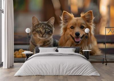 A happy dog and cat sitting next to each other in front of an empty food bowl, ready for their meal. creating a warm atmosphere. Wall mural