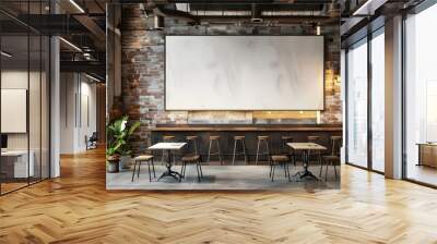 A large blank white canvas on the wall of an industrial coffee shop, with a brick wall behind it and wood bar tables below it. Wall mural