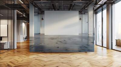 A large empty white wall in an industrial style loft with concrete floors and ceiling, with two hanging lights on the left side of it. creating a space for advertising or branding. Wall mural