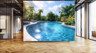 A luxurious backyard swimming pool with crystal clear turquoise water and a curved shape, surrounded by a stone patio and lush landscaping under a bright summer day. Wall mural