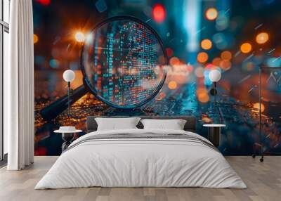 A magnifying glass over an abstract digital stock market graph, with bokeh lights in the background. financial technology innovation and connecting global knowledge to place. Wall mural