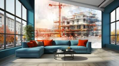 A modern building under construction, with cranes and scaffolding against the backdrop of an industrial landscape, symbolizing growth in commercial real estate.
 Wall mural