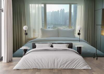 A modern hotel room with crisp white bedding and a city skyline view, featuring minimalist decor and soft natural light, creating a fresh and tranquil ambiance. Wall mural