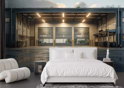 A modern warehouse with an open roller door, representing the aspects of commercial garage doors for industrial buildings. The background is a clean and empty parking lot area. Wall mural