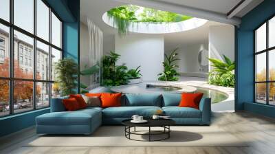 A modern white interior garden with plants and a water fountain, greenery around the circular pool in front, surrounded by plants, white walls, and a large skylight above. Wall mural