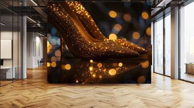 A pair of high heels with gold sequins, shining under the lights on black background. The shoes have pointed be part of an elegant evening dress or special event attire.
 Wall mural