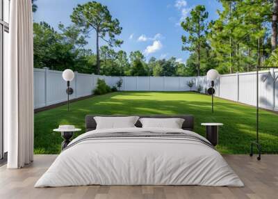 A photo shows a white vinyl fence around a backyard with green grass, trees and a blue sky. Wall mural