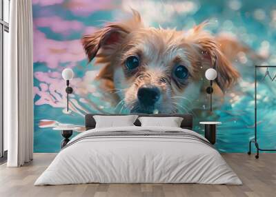 A puppy swimming across the wide water, light blue and aquamarine, bright colors. For posters, covers, background, pet Wall mural