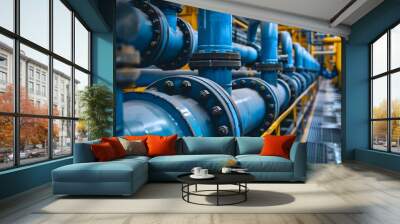 A row of blue industrial pipes and technology in an energy production facility, with yellow accents. High-tech machinery and equipment are visible along the wall behind them.  Wall mural