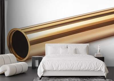 A shiny brass pipe with a warm golden hue is isolated on a white background. The diagonal composition in the product photograph highlights its reflective metallic surface and minimalist design. Wall mural