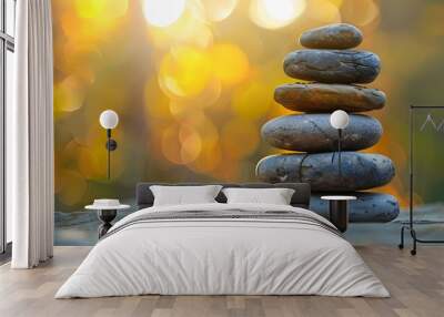 A stack of smooth stones balanced on top of each other, symbolizing balance and tranquility. Web banner with empty space. 
 Wall mural