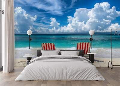 A tropical beach scene features a turquoise ocean and white sand, with beach chairs under fluffy clouds, creating a vibrant, peaceful atmosphere for seaside relaxation. Wall mural