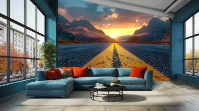 a yellow road lines the landscape, mountains in the background at sunset. Wall mural