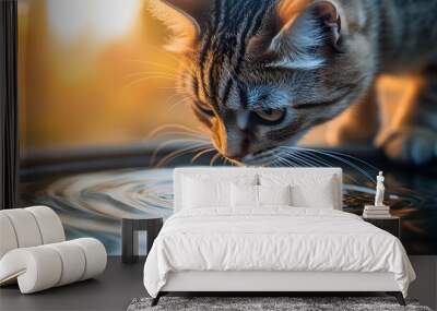 An American Shorthair cat drinks water, with ripples in the bowl and whiskers detailed against a soft focus background, capturing a pet's hydration moment. Wall mural