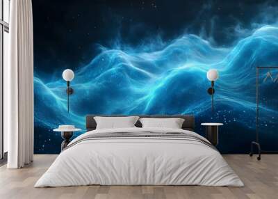 An ethereal blue energy wave glows against a black background, featuring dynamic flow and smooth curves, creating a vibrant sci-fi aesthetic with abstract digital art. Wall mural