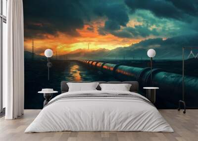 An oil pipeline in an industrial desert landscape with metal pipes and energy infrastructure under a cloudy sky, featuring dramatic wide-angle lighting. Wall mural