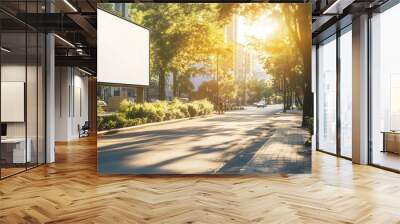 An urban street scene with a bright white blank billboard and tree-lined sidewalks, emphasizing modern city architecture and clean pedestrian pathways in sunny weather. Wall mural