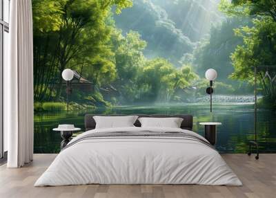 Beautiful river in a lush green forest with sunlight shining through the trees. The water is calm and clear, In the background there is an ancient village surrounded by bamboo forests. Wall mural