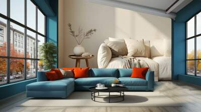 Beige sofa and side table against beige wall in a living room interior, 3D rendering mock up with copy space for text or product display presentation of a home design concept. Wall mural