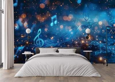 Blue musical notes floating in the air on dark background with bokeh effect Wall mural