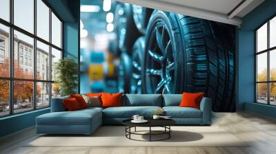 Bright car tires stacked in an auto service center, focusing on detailed tread patterns and glossy surfaces within a clean workshop environment for automotive photography. Wall mural