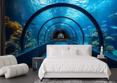 Bright underwater tunnel aquarium, vibrant blue water, diverse marine life, schools of fish, curved glass walkway, illuminated pathway, immersive ocean experience, crystal clear visibility. Wall mural