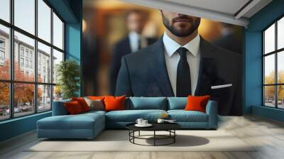 Businessman in tailored suit with black tie and white shirt, set in a corporate environment with blurred colleagues, emphasizing professional attire and sharp detail focus. Wall mural