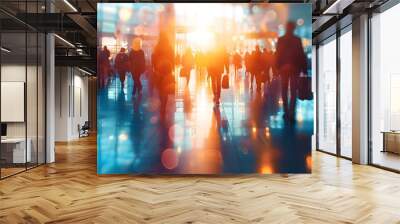 Busy business people crowded walking in the airport with blurred lights in the background banner for design copy space. Wall mural